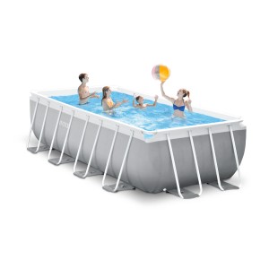 Grauer Intex Frame Pool-Set Prism Quadra 488x244x107 cm mit Familie im Wasser.