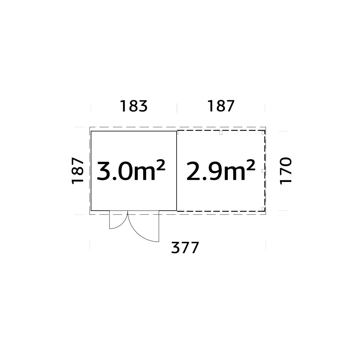 Grundriss Palmako Gerätehaus Leif, naturbelassen, 370x170 cm, mit Maßen.