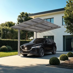 Ximax Alu Carport Linea Typ 60 im Edelstahl-Look mit Auto vor Haus. Einzelcarport mit transparentem Dach.