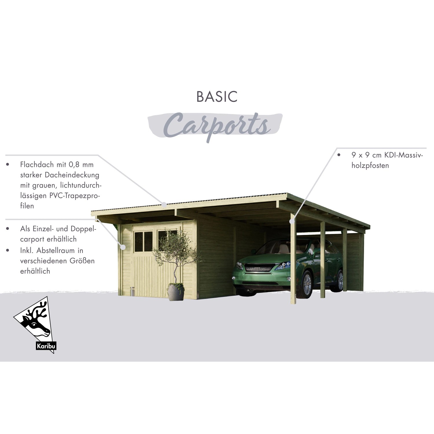 Karibu Doppelcarport Eco mit Auto. Holzcarport mit Flachdach und Abstellraum.