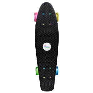 Schwarzes Skateboard mit rutschfestem Deck und bunten LED-Leuchtrollen. Muuwmi Fun Skateboard, ABEC5.