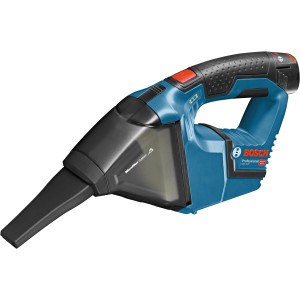Bosch Professional GAS 12 V-LI Akku-Handstaubsauger, blau/schwarz, mit Fugendüse und Flachfaltenfilter.