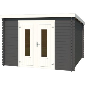 Lasita Holz-Gartenhaus Sacramento in Carbongrau mit Doppeltür und Flachdach.