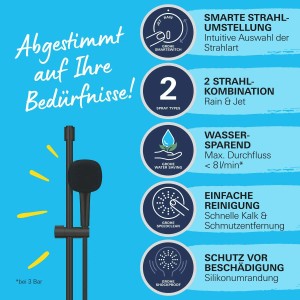 Grohe Quickfix Brauseset Vitalio Comfort 110, mattschwarz, mit 2 Strahlarten und Hinweisen zu den Produkteigenschaften.