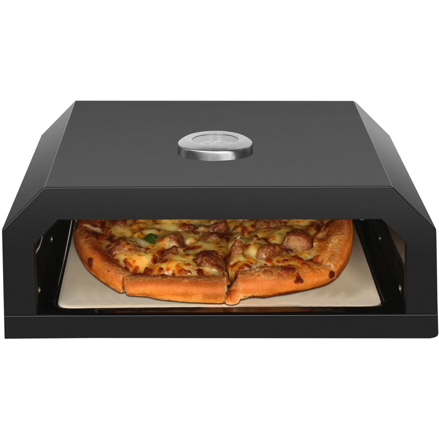 EL Fuego Pizzaaufsatz, schwarz, mit Pizza und Thermometer für Holzkohle-, Gas- und Elektrogrills.