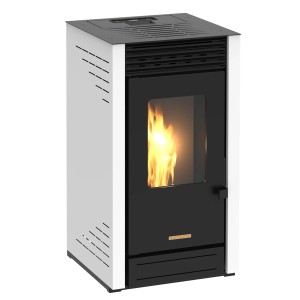 Weißer Blaze Pelletofen Maui 6 kW mit Sichtfenster und Flamme.