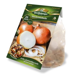 Quedlinburger Steckzwiebel 'Cupido', gelbe, mittelfrühe Sorte im Beutel.