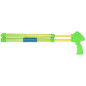 Grüner Wassershooter, 37 cm lang, mit gelben Pumpstangen und blauem Griff. Robustes Wasserspielzeug für Strand & Garten.