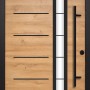 Moderne Splendoor Sicherheitshaustür Thermospace Berlin Prime RC2 in Eiche Natur mit Glaselement und schwarzem Rahmen.