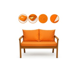 Orangefarbenes 2-Sitzer Gartenbankkissen Set mit Sitz- und Rückenkissen.