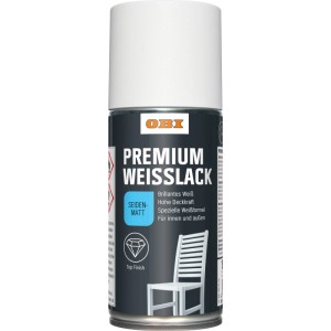 OBI Premium Weißlack Spray, seidenmatt, 150ml Dose. Buntlack-Spray für Innen und Außen.