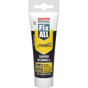 Weiße Soudal Fix All Turbo Kraftkleber Tube, 195 g. Schneller Hybrid-Polymer-Klebstoff für alle Materialien.