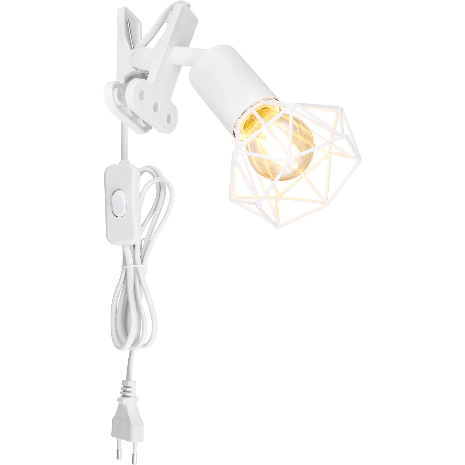 Weißer Globo Klemmstrahler Xara I mit Metallgeflecht-Schirm und Klemme.