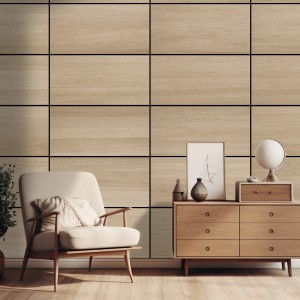 Wandpaneel Amadeo AkustikBoard Eiche Natur, 3er Set, an Wand montiert in Wohnraum.