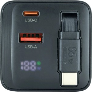 Schwaiger 65W Ladeadapter mit USB-A, USB-C Ports, integriertem USB-C Kabel und LCD-Leistungsanzeige.