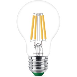 Klares Philips LED-Leuchtmittel E27 in Glühlampenform, 2,3W, 485lm, ultraeffizient.