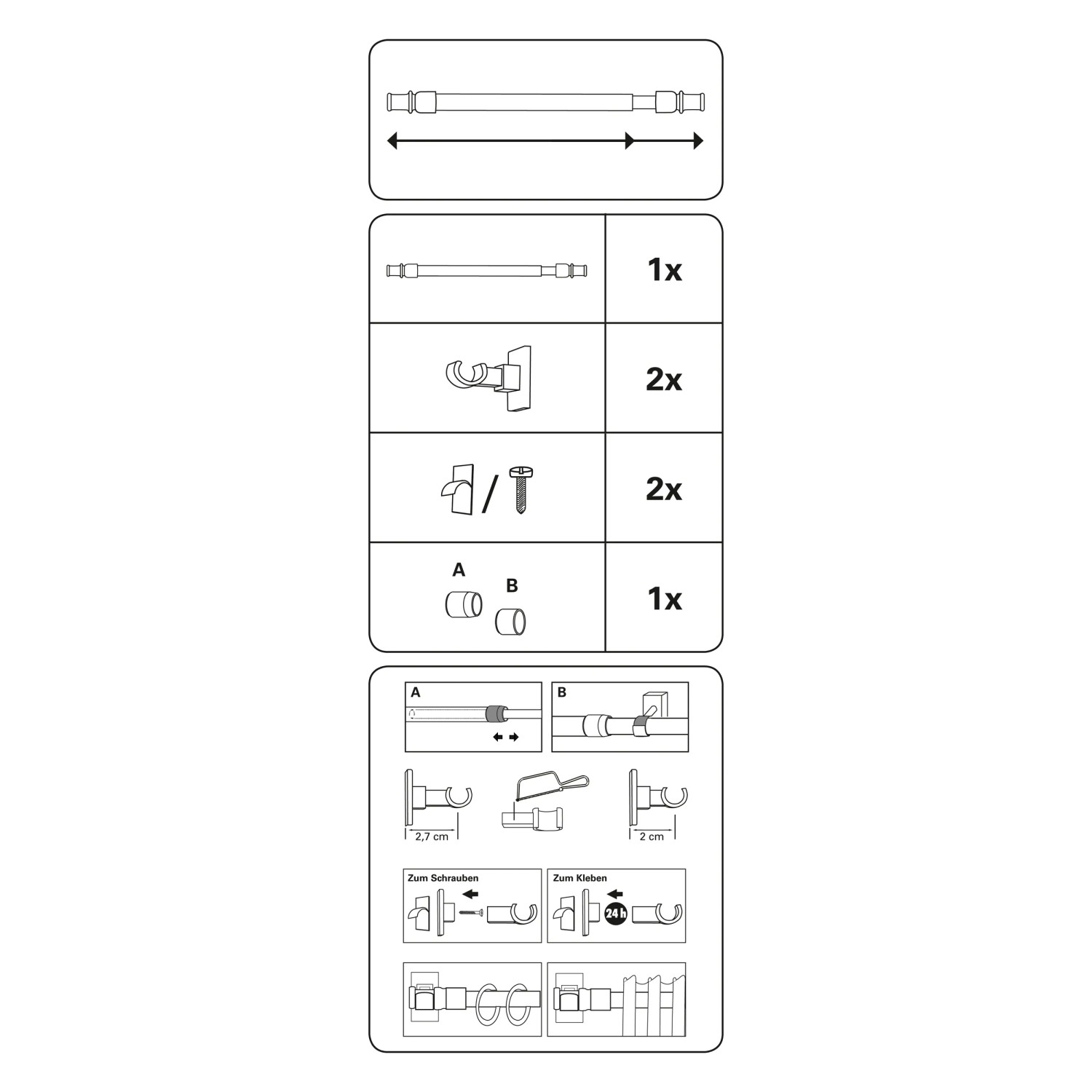 Abbildung der Gardinia Caféhausstange California Chrom, ausziehbar, mit Zubehör und Montageanleitung.