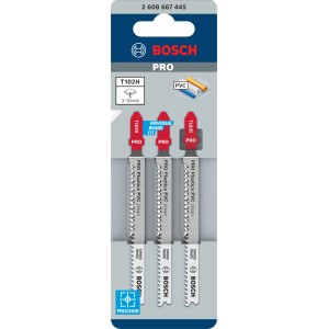 Bosch Stichsägeblatt Pro T 102 H Clean for PVC, 3 Stück. Silberne Sägeblätter mit roten Schäften für Kunststoffe.