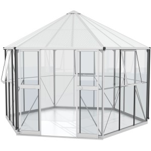 Vitavia Gewächshaus Galaxis 9000 mit Alu-Rahmen, ESG-Glas und HKP-Dach. Doppelschiebetür und Fenster inklusive.