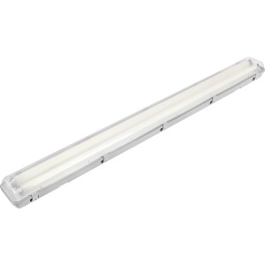 Graue Feuchtraumleuchte mit zwei Leuchtstoffröhren (je 36W) für Bad, Keller oder Garage.