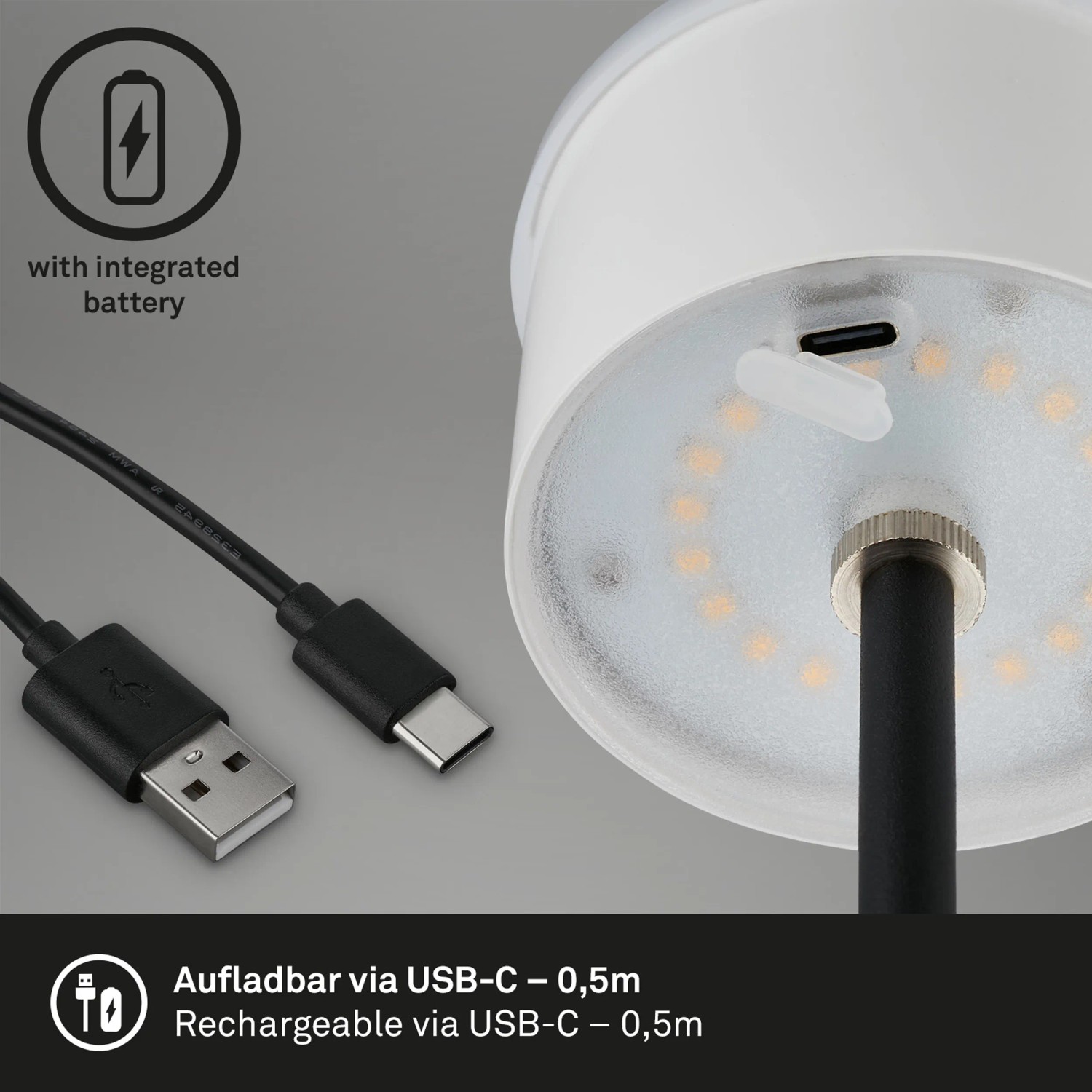 Detailaufnahme: Brilo Akku-Tischleuchte Schwarz mit USB-C Ladekabel. Akku integriert.