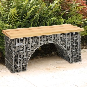 Bellissa Bogengabione Sitzbank, 125x45x54 cm, mit Holzauflage und Steinkorb-Gestell.