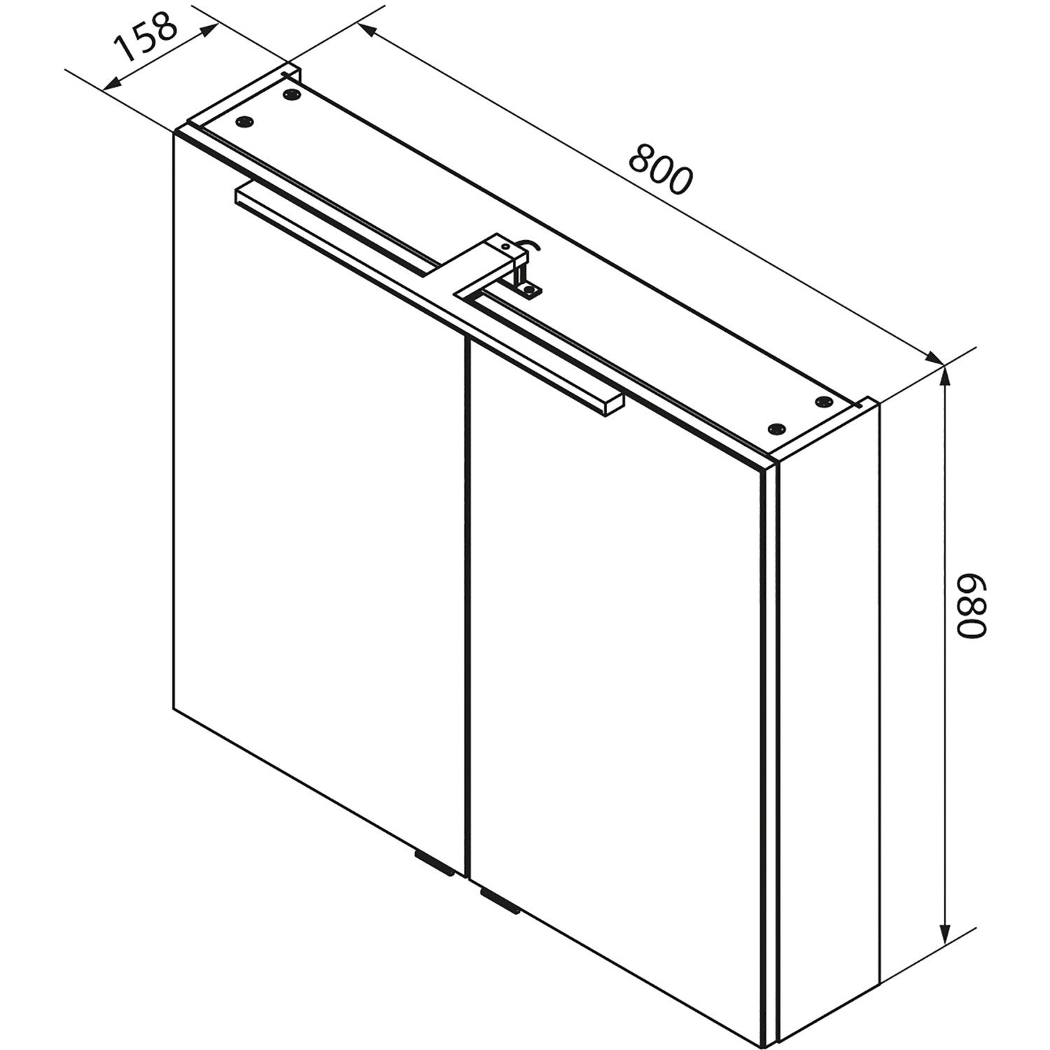 Fackelmann LED-Spiegelschrank B.Brillant 80 cm, Asteiche, Schemazeichnung mit Maßen.
