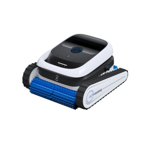 Ecovacs Poolroboter Ultramarine P1 in Weiß-Blau, mit Bürsten und Raupenantrieb.