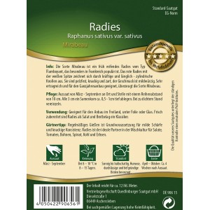 Samentüte Quedlinburger Radieschen 'Mirabeau', rot mit weißer Spitze.
