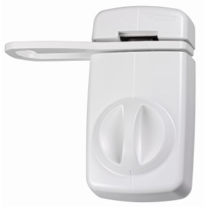 Weißes Abus Tür-Zusatzschloss 7030 mit Sperrbügel für Türspalt-Öffnung.