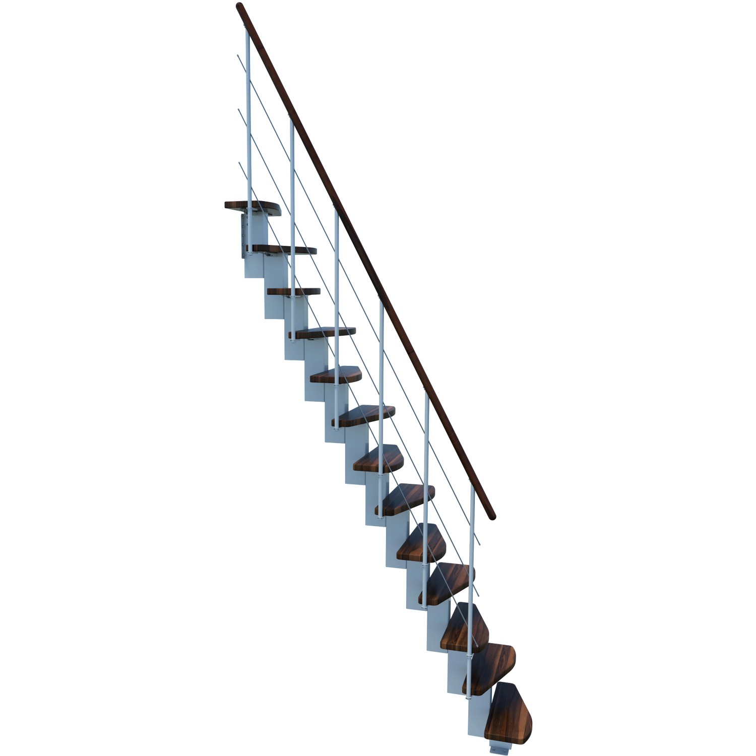 Minka Raumspartreppe Quatro in Walnuss/Weiß, moderne Innentreppe mit Holzstufen und Metallgeländer.