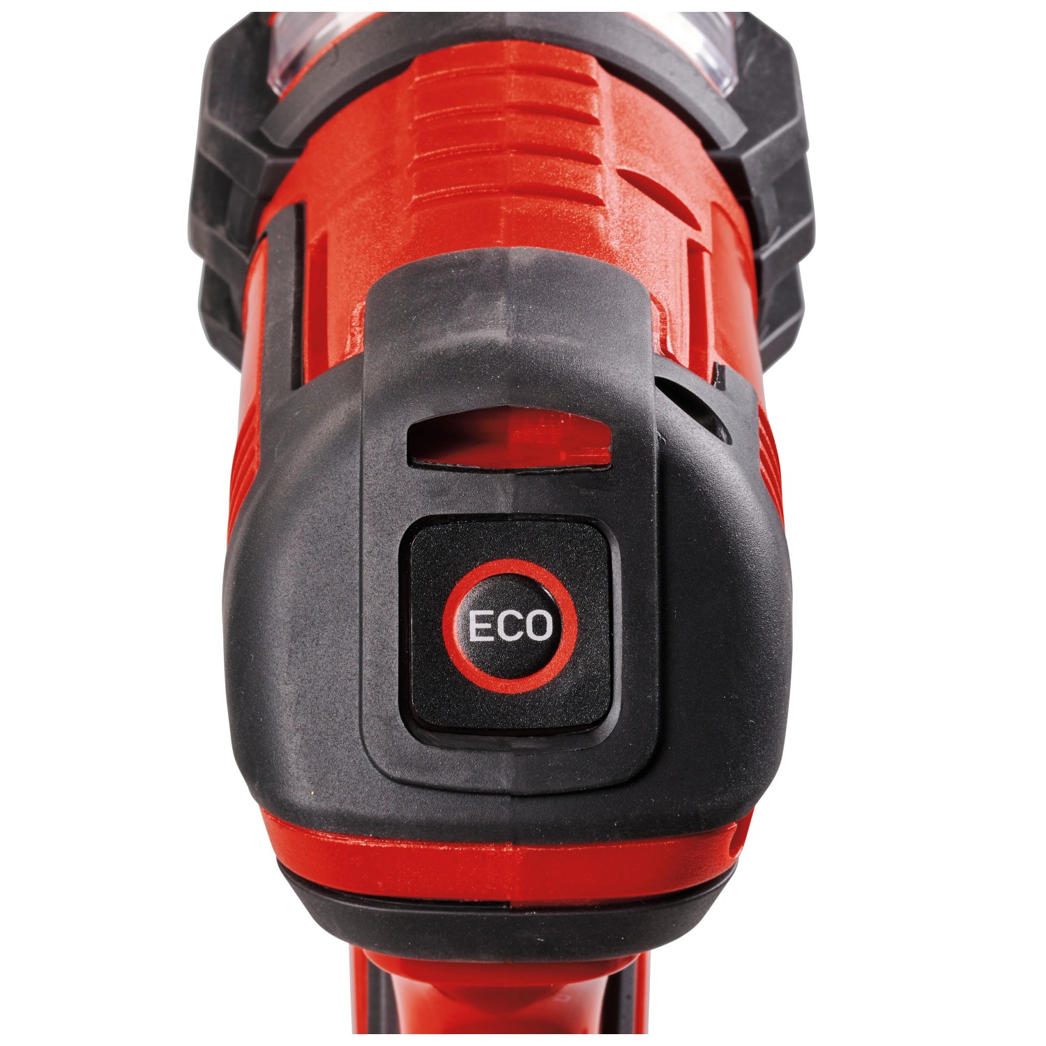 Detailaufnahme der Einhell Akku-Druckreinigerpistole mit Eco-Modus Taste.