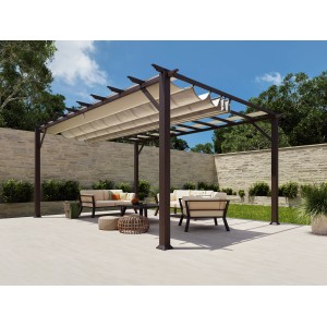 Pavillon Pergola Florenz Cocoa mit Sonnensegel und Sitzgruppe im Garten.