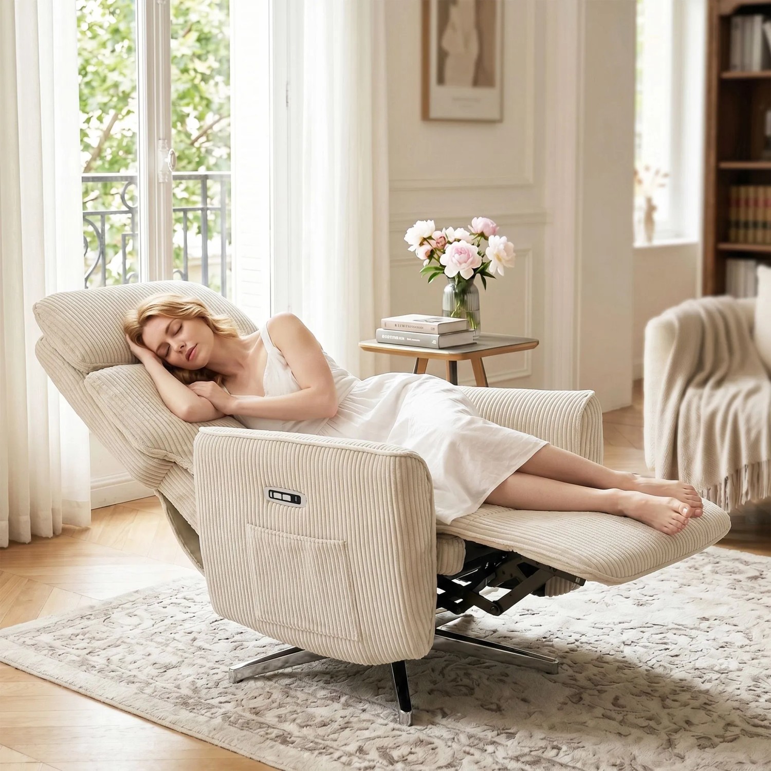 Cremeweißer HOMCOM Relaxsessel aus Cordstoff, elektrisch verstellbar, 360° drehbar, mit schlafender Frau im Wohnzimmer.