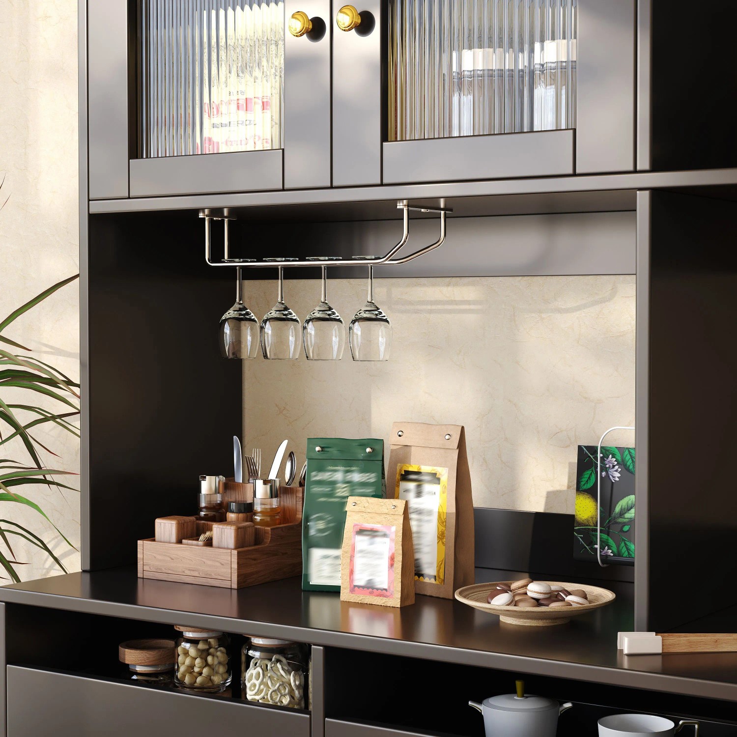 okwish Hochschrank mit Glastür Weinglasregal Restaurant 145x39x171cm Schwarz_8
