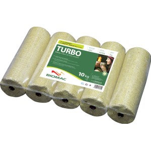Biomac Holzbriketts Turbo, 10 kg, mit Loch in Folie verpackt.