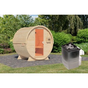 Naturbelassene Karibu Fass-Sauna mit Ofen (9 kW) im Garten. Premium-Sauna für entspannte Wellness-Momente.