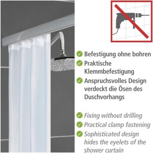 Wenko Teleskop-Duschvorhangschiene Era, chrom, ausziehbar, mit Duschvorhang und Duschkopf.