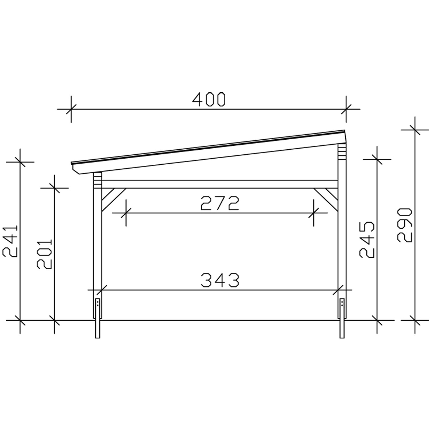 Technische Zeichnung der Skan Holz Terrassenüberdachung Sanremo 434x400 cm, Eiche hell, mit Maßangaben.