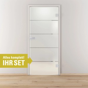 Novadoors Drehtür-Set Nova 503: satinierte Glastür mit klaren Streifen, Edelstahl-Beschlägen. Komplettset.