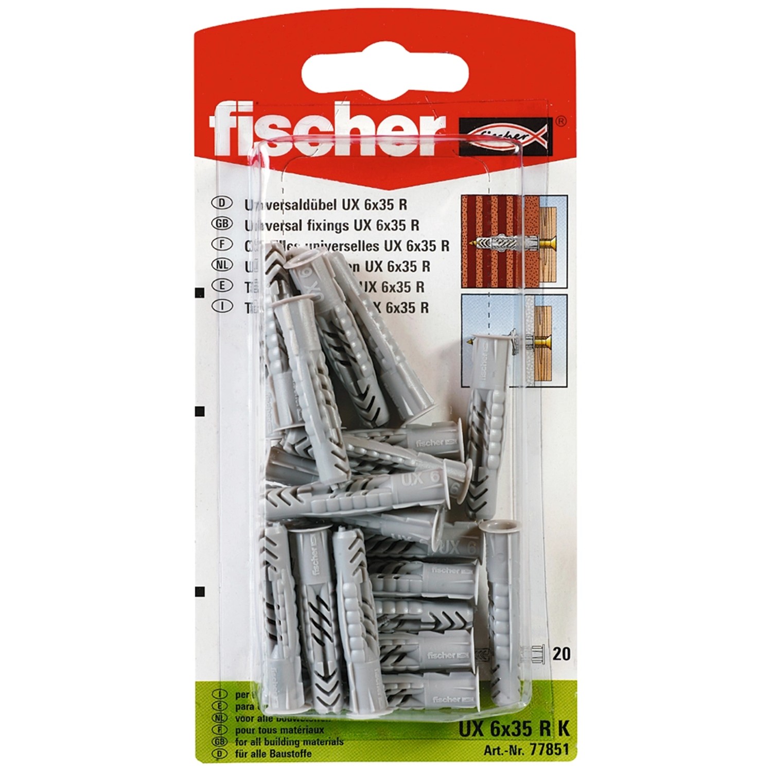 Fischer Universaldübel UX 6 x 35 RK (20 Stk.) für alle Baustoffe, grau.