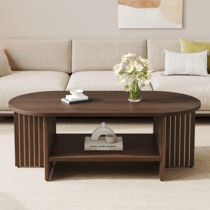 Merax Couchtisch Oval MDF Mit Ablagefach Rillenoptik Sofatisch Wohnzimmertisch Holzoptik