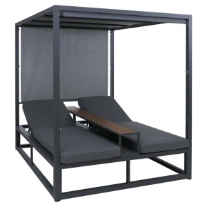 Dunkelgraue Alu Lounge-Gartenliege mit grauen Polstern und Tisch für zwei Personen.