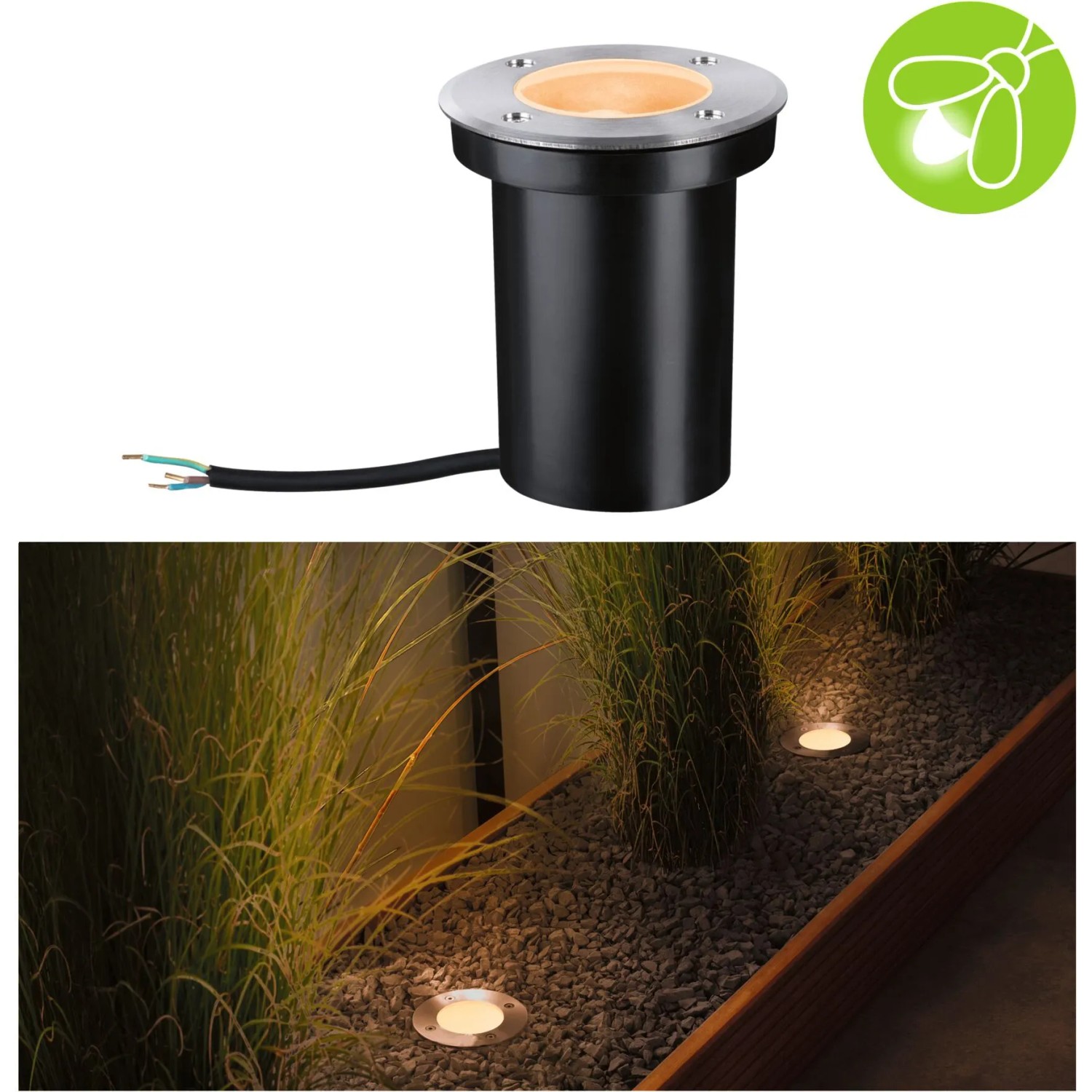 Paulmann Bodeneinbaustrahler Floor, Edelstahl, rund, mit warmem Licht für den Außenbereich.