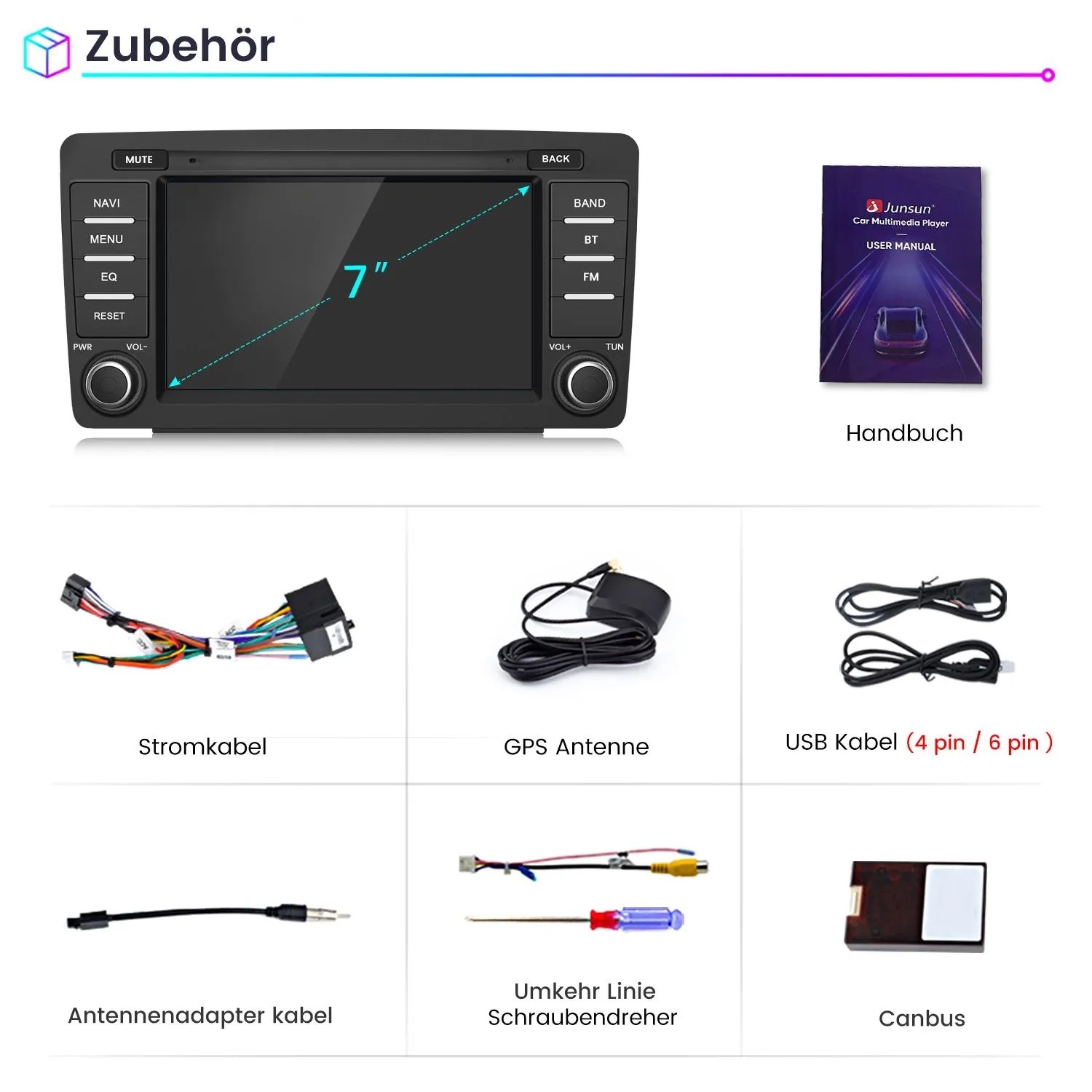 Junsun Autoradio mit 7-Zoll-Touchscreen und Zubehör für Skoda Octavia. Set mit Kabeln, GPS-Antenne, Handbuch.