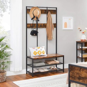 Songmics Garderobenständer mit Schuhbank, 12 Haken, braun-schwarz. Industrial Design für Flur, Büro oder Schlafzimmer.