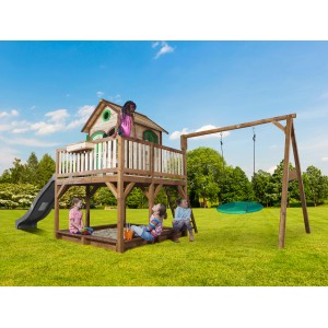 Axi Liam Spielhaus mit Nestschaukel, Rutsche, Sandkasten und spielenden Kindern im Garten.