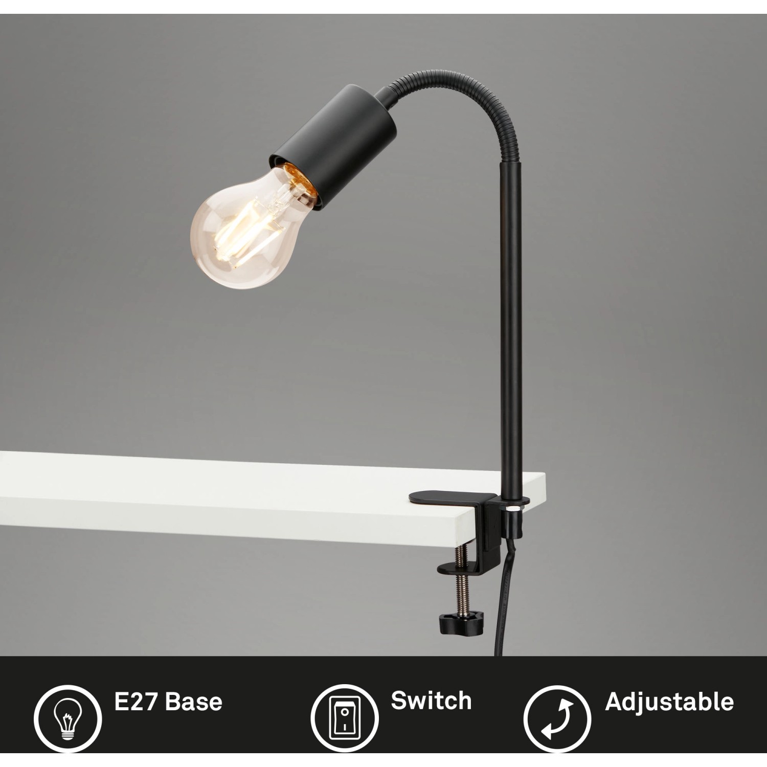 Schwarze Briloner Klemmleuchte Krampo mit Flexarm und E27 Fassung als Leseleuchte.