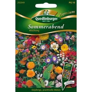 Quedlinburger Blumensamen Sommerabend Mischung mit farbenfrohen Sommerblumen auf der Verpackung.