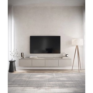 Modernes Selsey TV-Hängeboard Bemmi 200 cm in Kaschmirgrau mit vier Klappfächern, schwebend unter TV im Wohnzimmer.